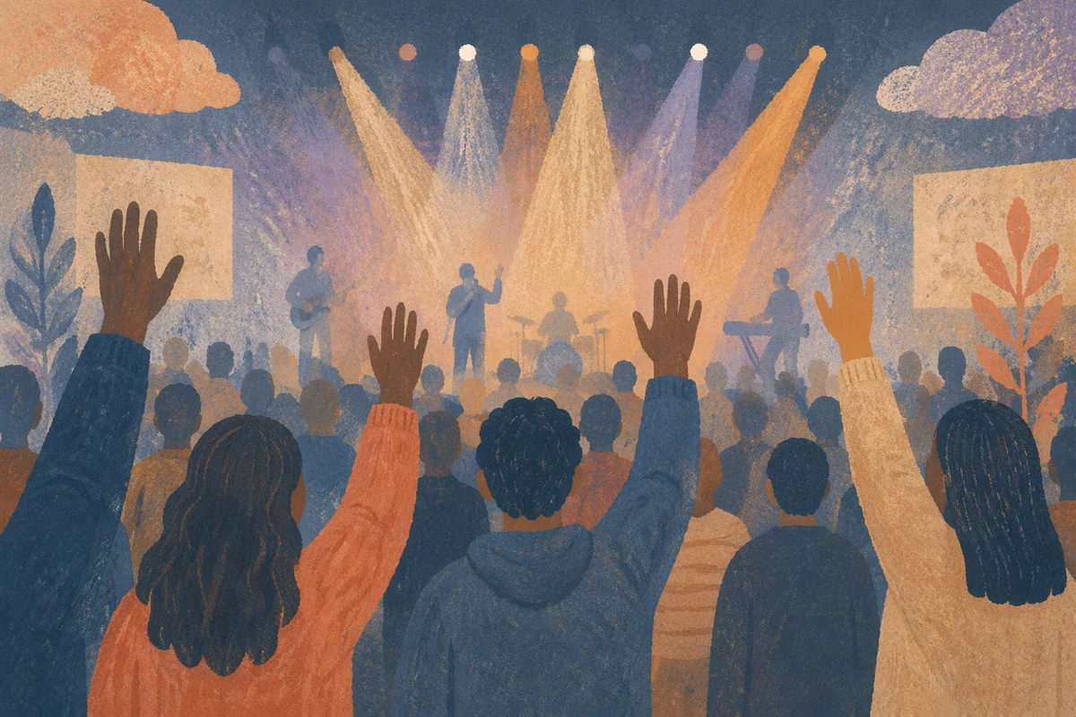 Raised Hands in Worship Concert Lights