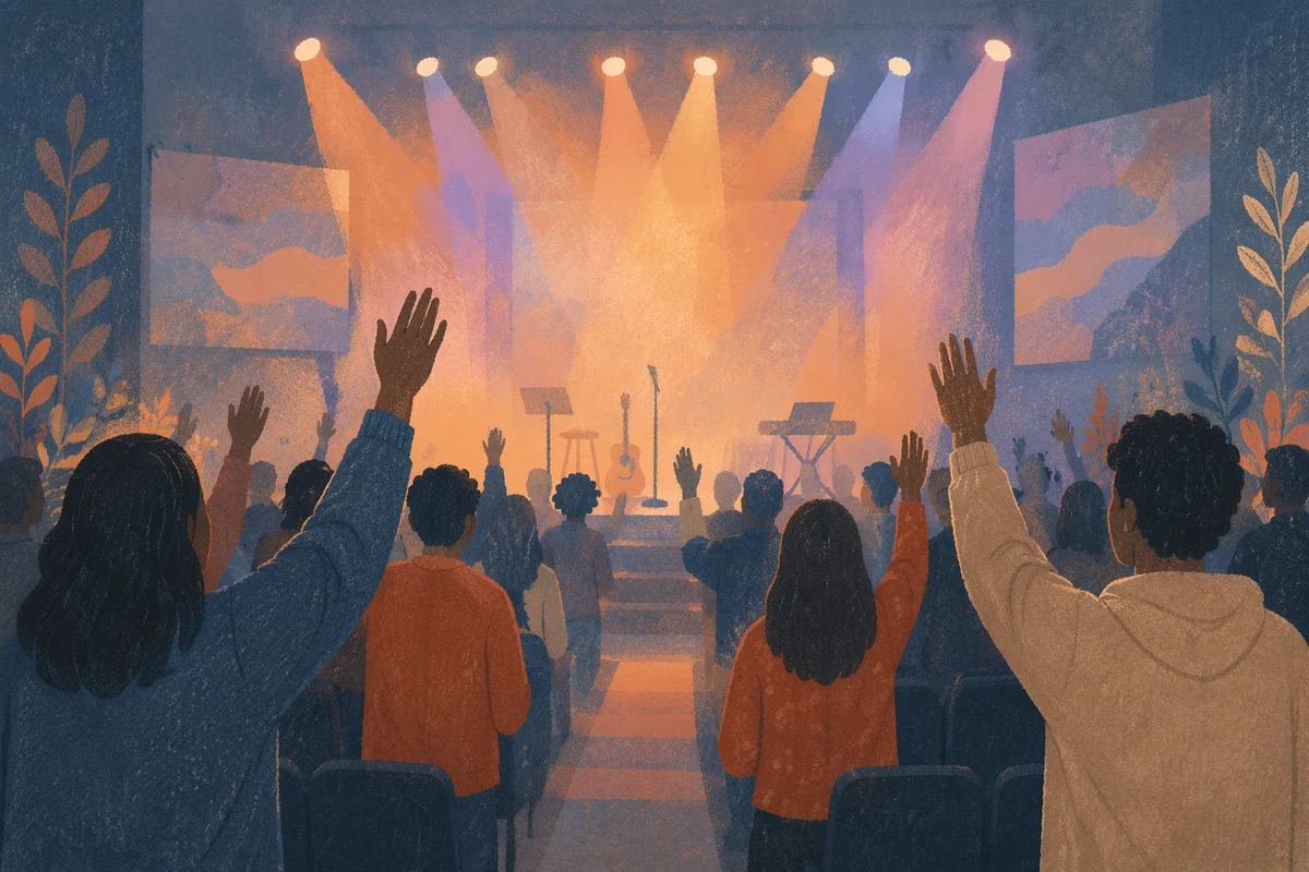 Raised Hands in Worship Concert Lights
