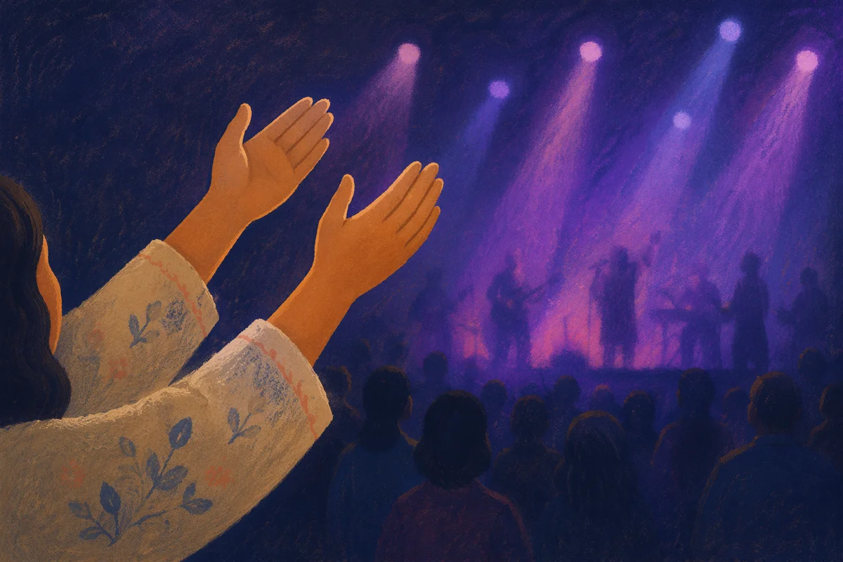 Raised Hands in Worship Under Concert Lights