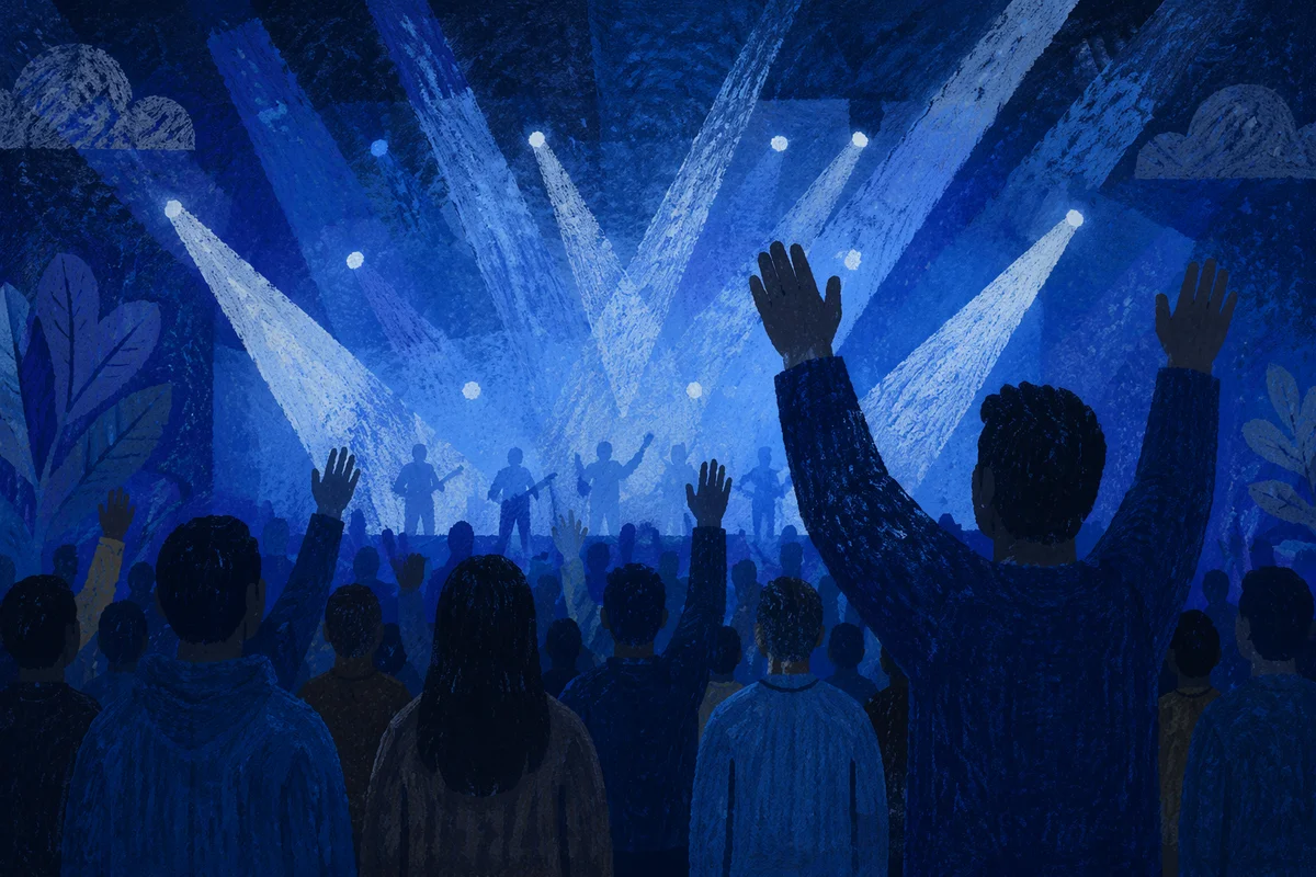 Raised Hands in Blue Worship Lights