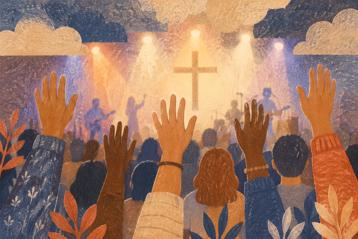 Raised Hands in Evening Worship Lights