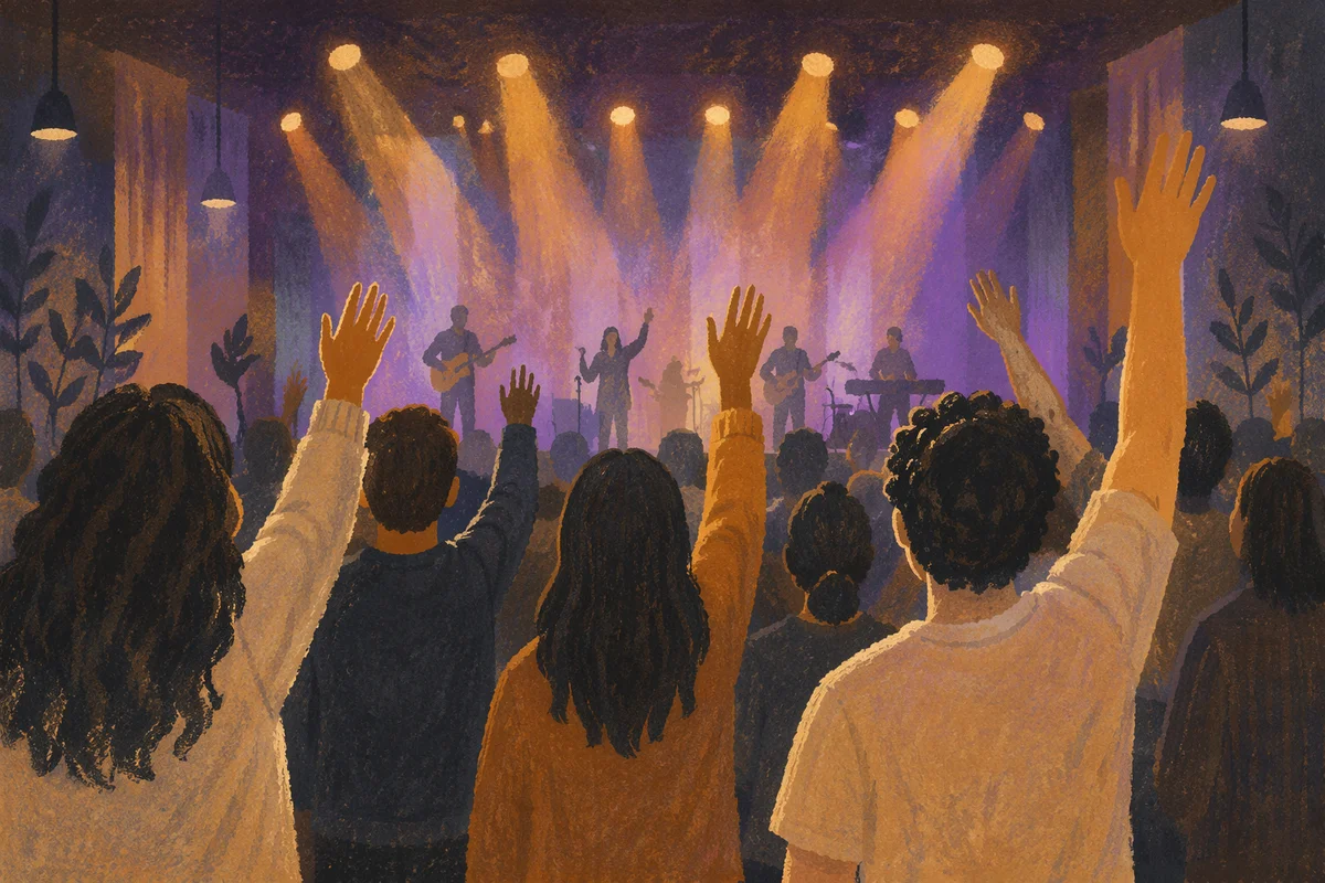Raised Hands in Worship Concert Lights