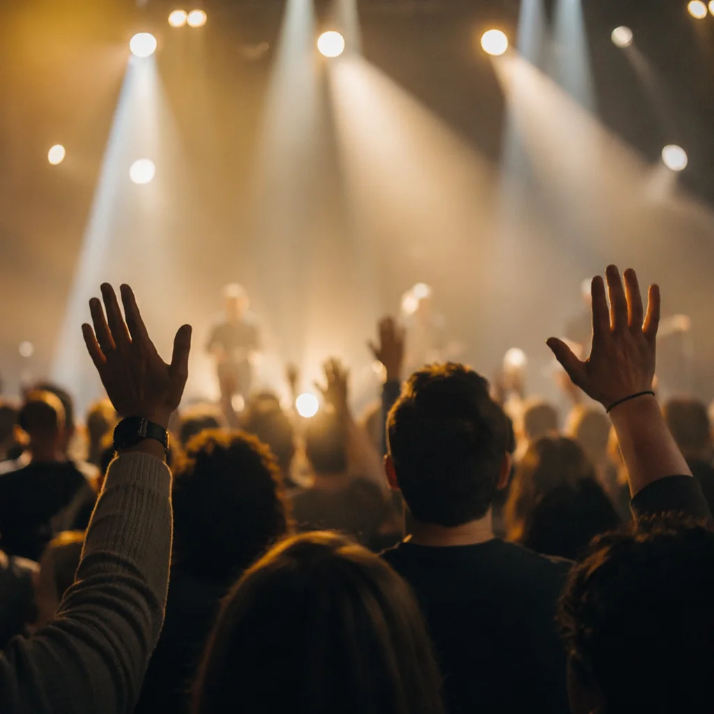 Raised Hands in Worship Concert Lights