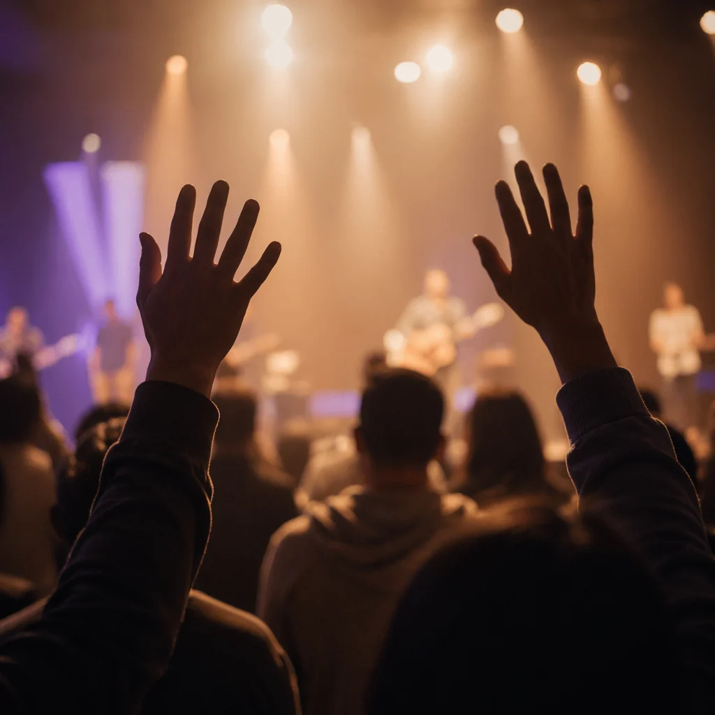Raised Hands in Reverent Worship Lights