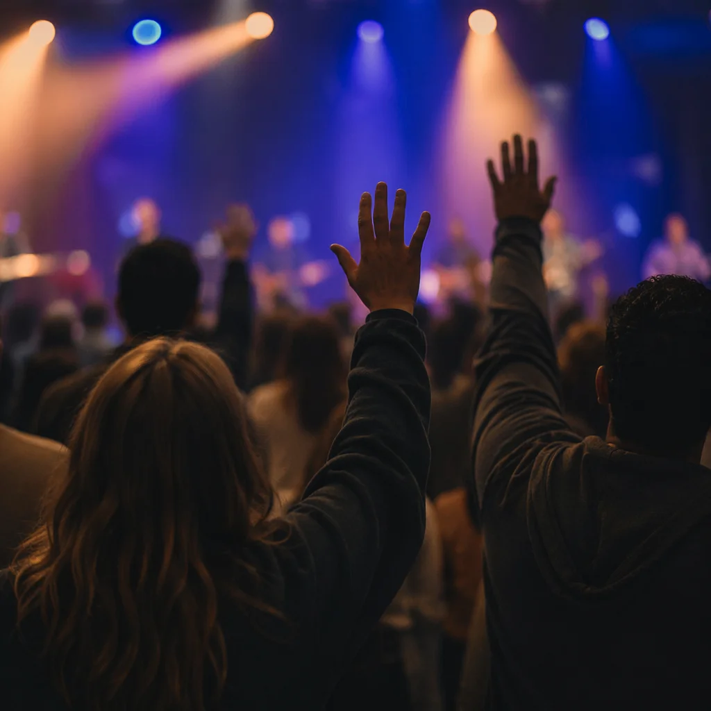 Raised Hands in Evening Worship Lights