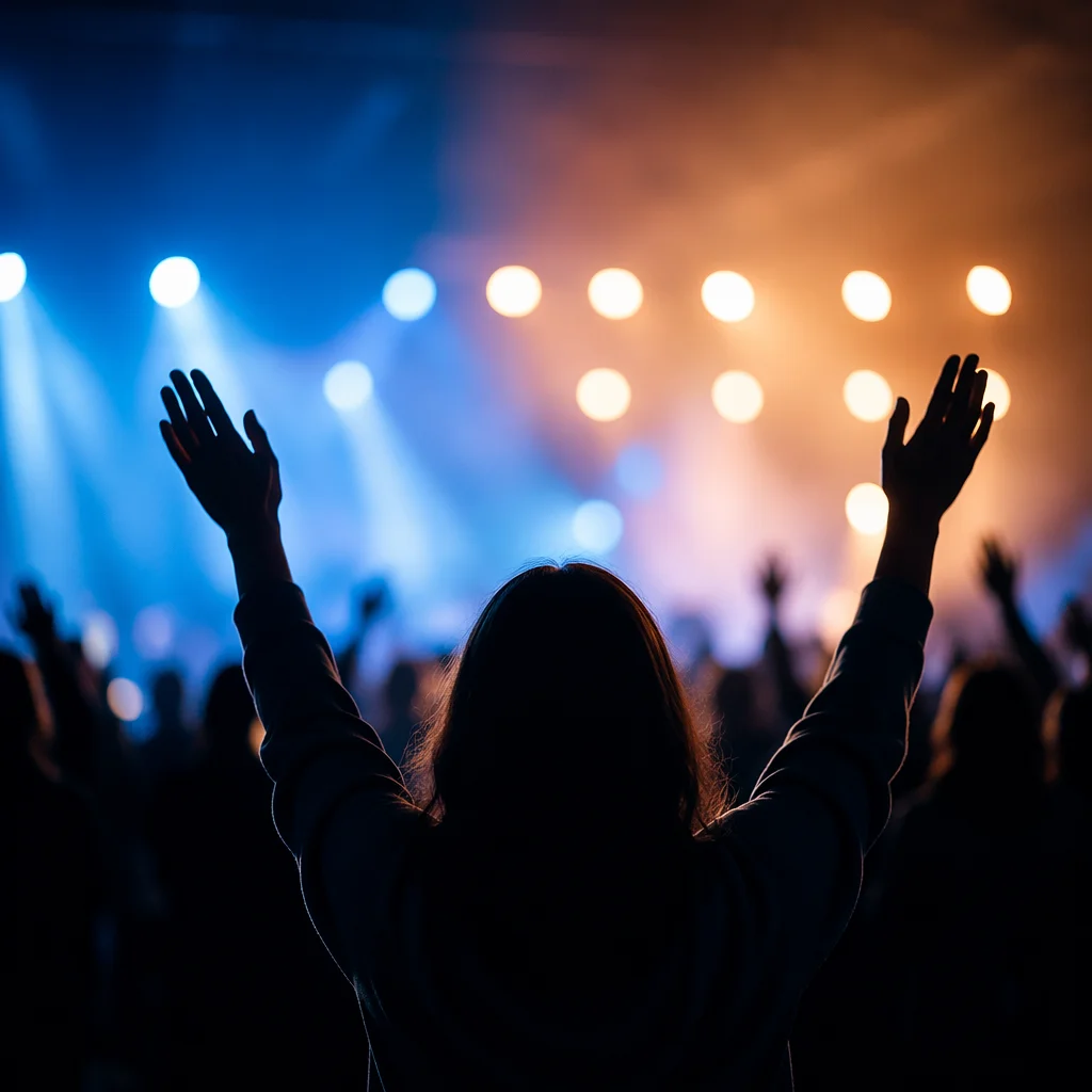Silhouetted Worshipper With Raised Hands and Lights