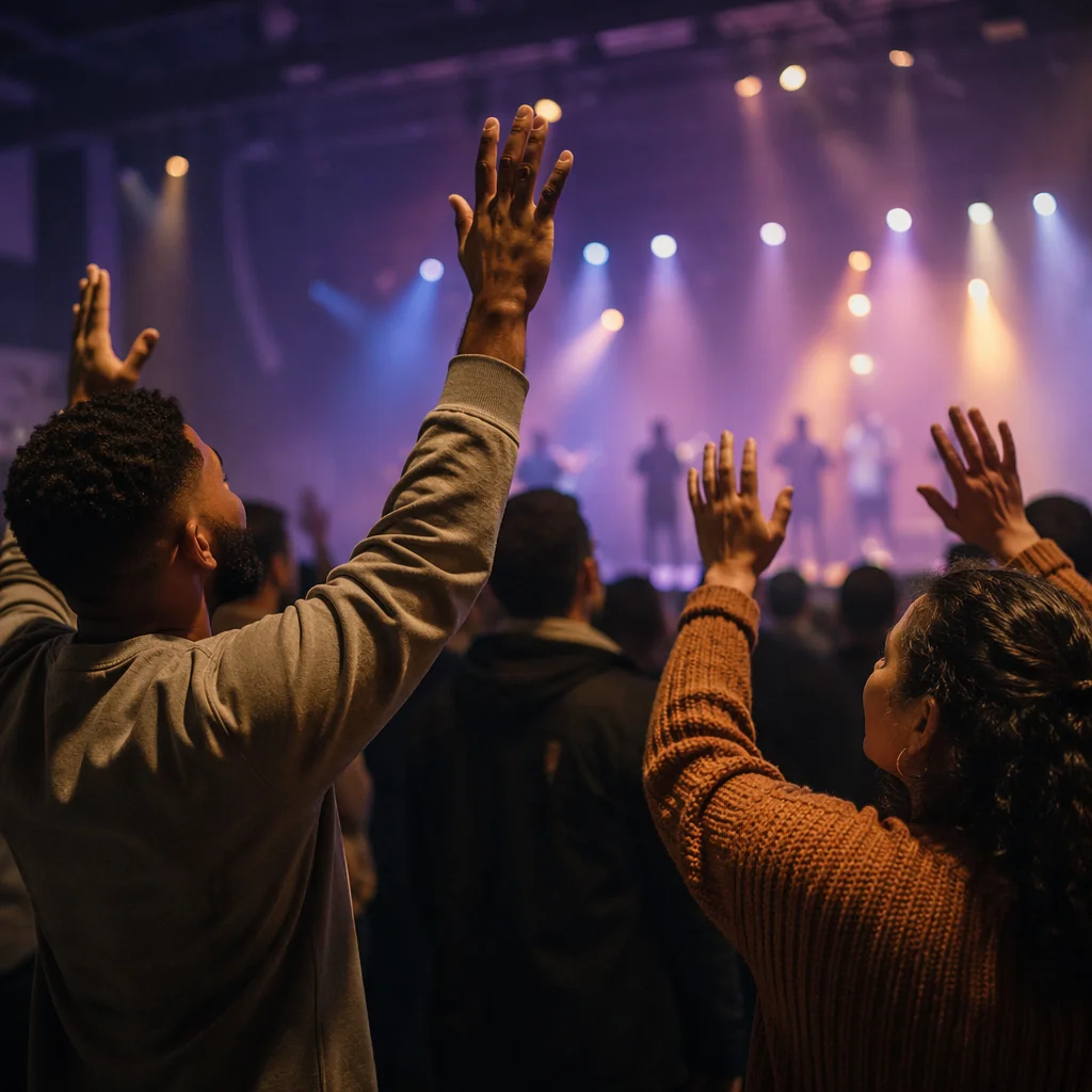 Hands Raised in Evening Worship Service