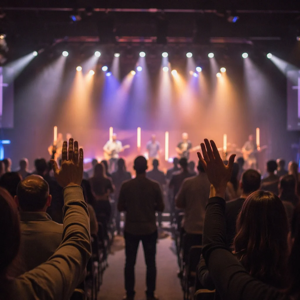Raised Hands in Evening Worship Lights