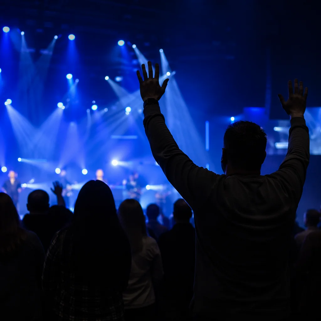 Raised Hands in Blue Worship Lights