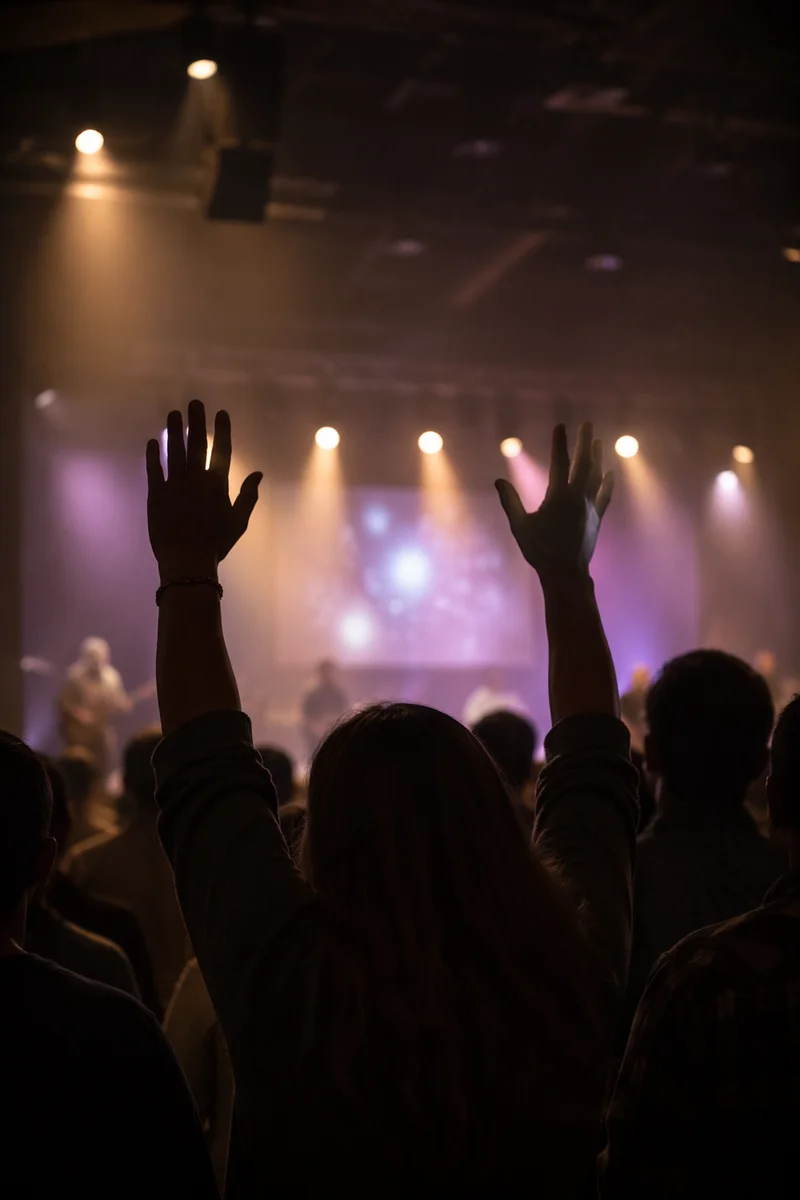 Raised Hands in Worship Concert Lights