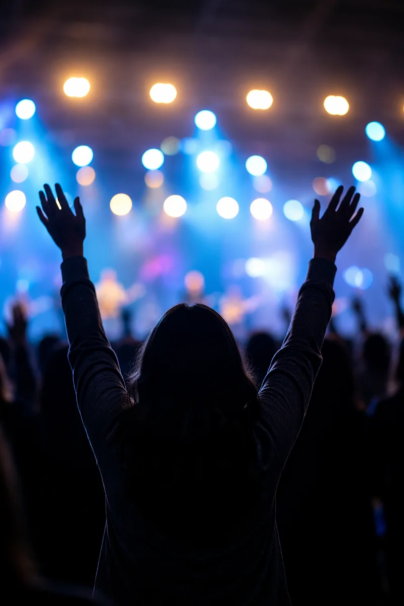 Silhouetted Worshipper with Raised Hands and Lights