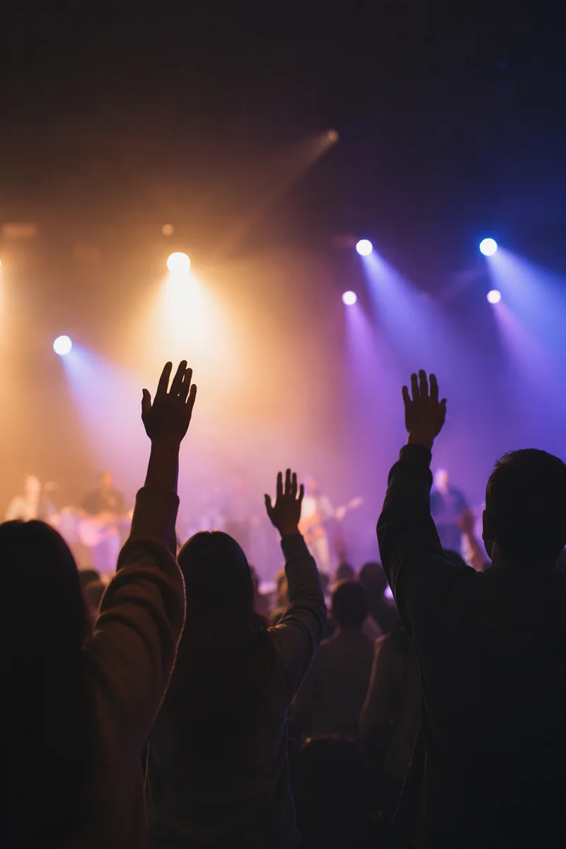 Raised Hands in Worship Concert Lights