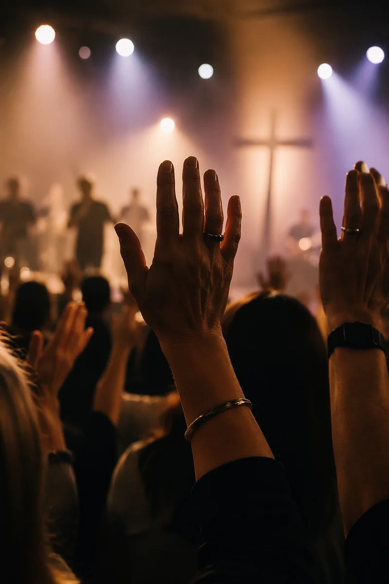 Raised Hands in Evening Worship Lights