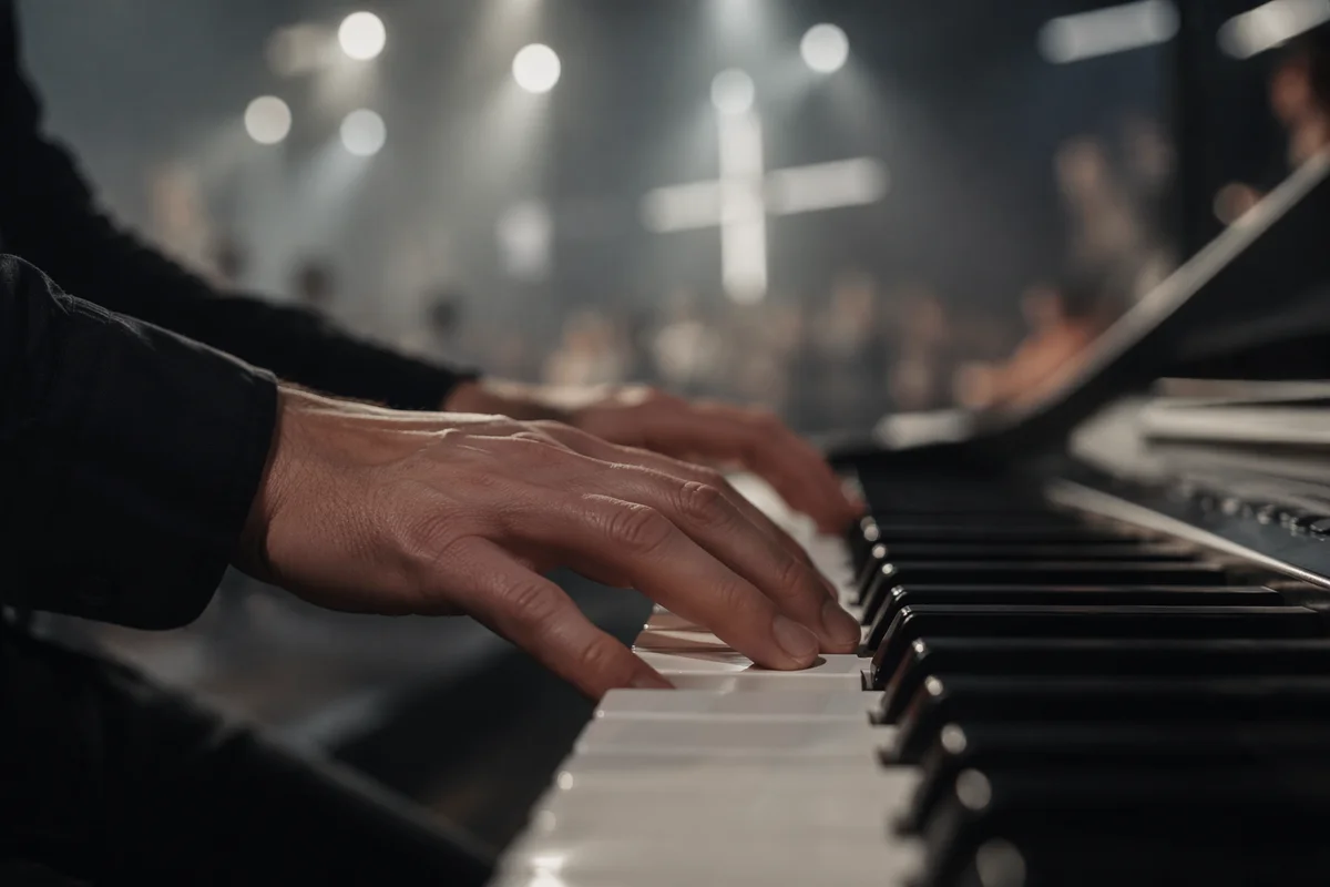 Worship Pianist Hands in Sanctuary Lights