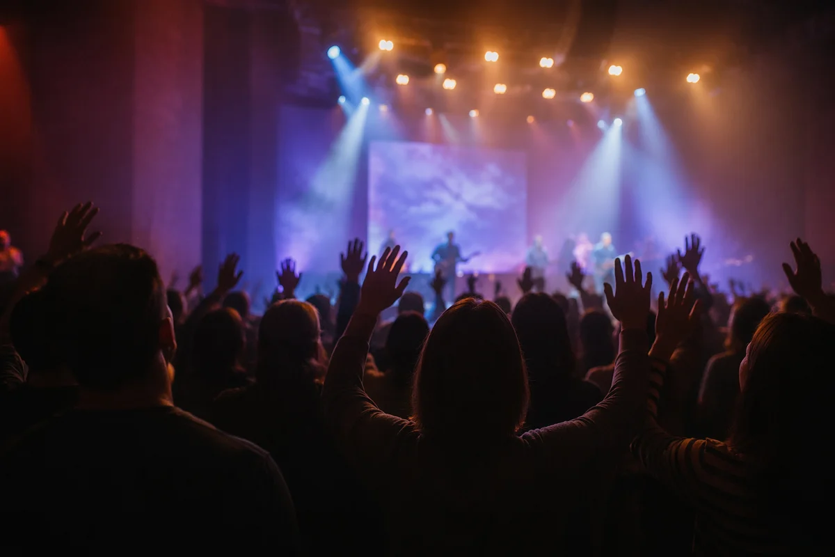 Hands Raised in Contemporary Worship Lights
