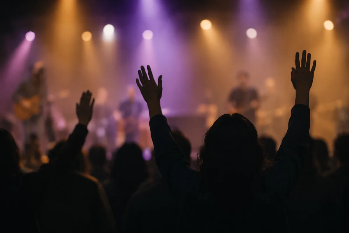 Raised Hands in Contemporary Worship Lights