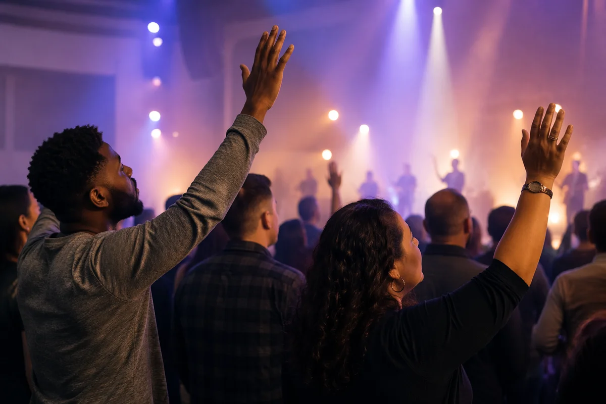 Raised Hands in Church Auditorium