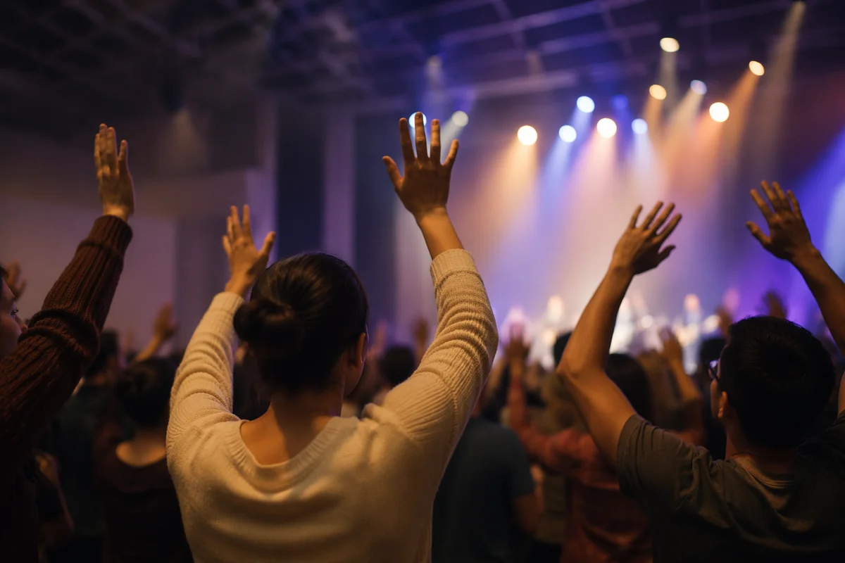 Raised Hands in Church Auditorium