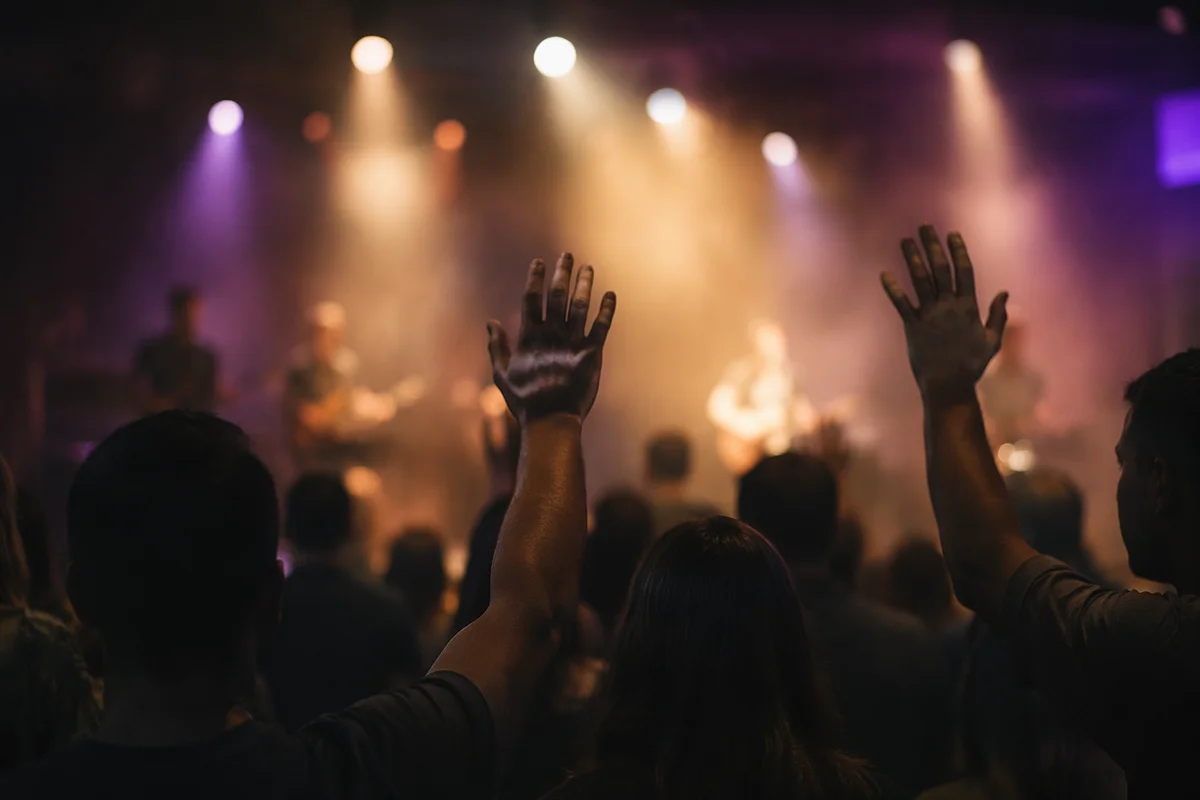 Raised Hands in Worship Concert Lights