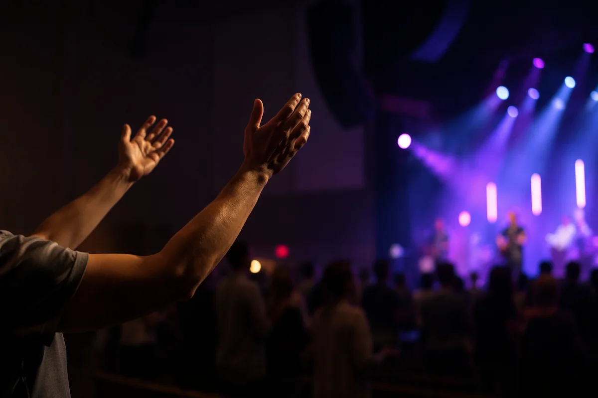 Raised Hands in Worship Concert Lights