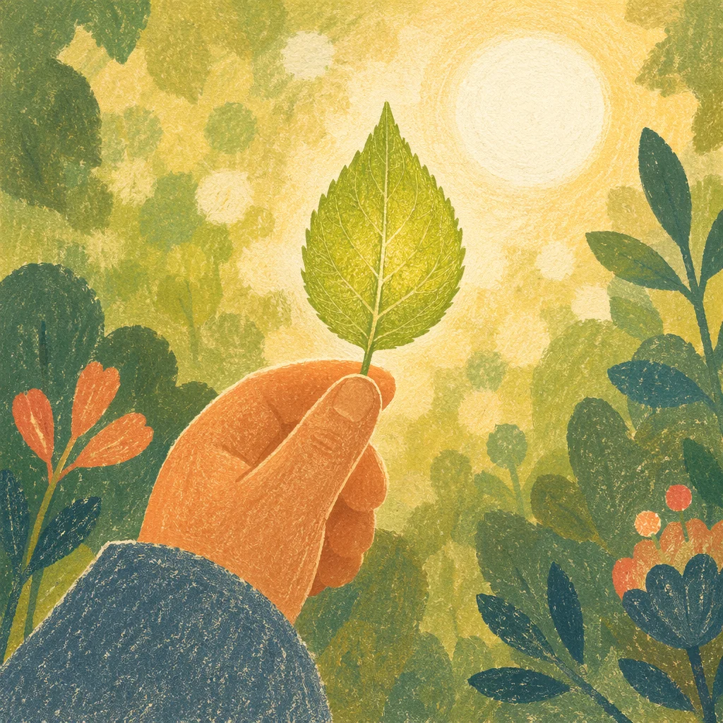 Raised Hand Holding Leaf in Golden Light