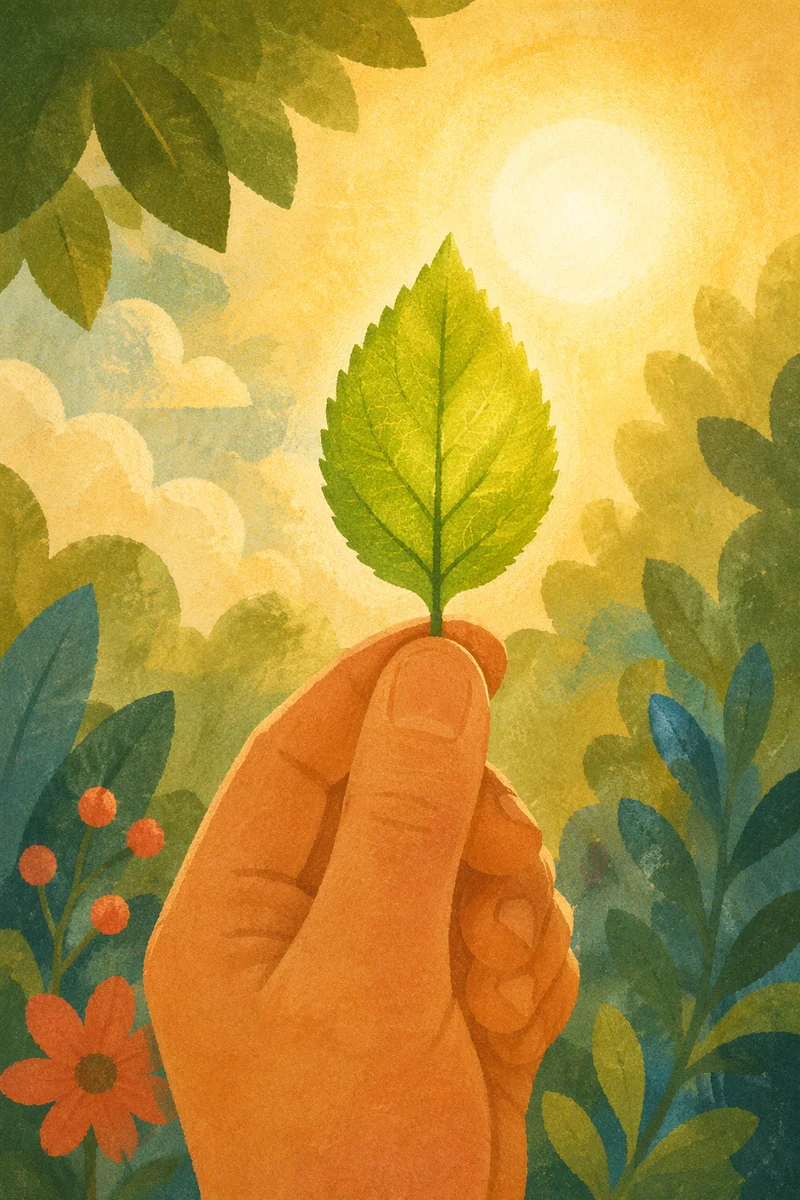 Raised Hand Holding Leaf in Golden Light