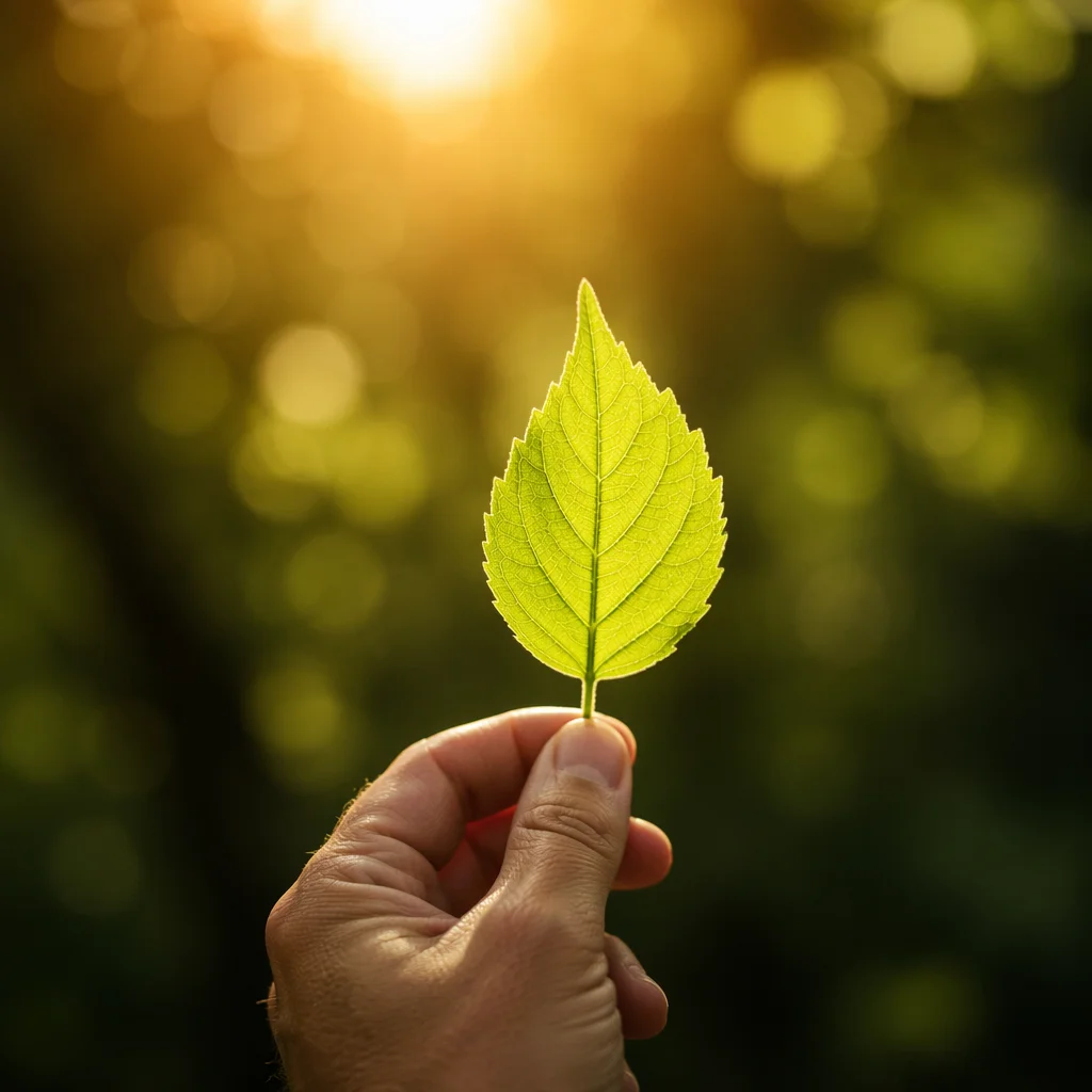 Raised Hand Holding Leaf in Golden Light