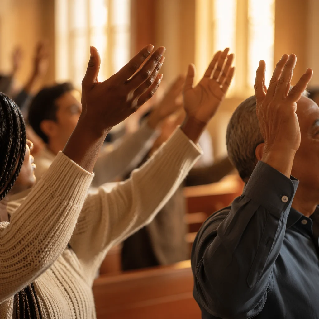 Raised Hands in Warm Church Light