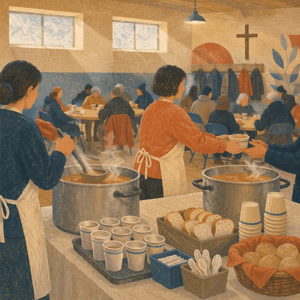 Church Volunteers Serving Warm Shelter Meal