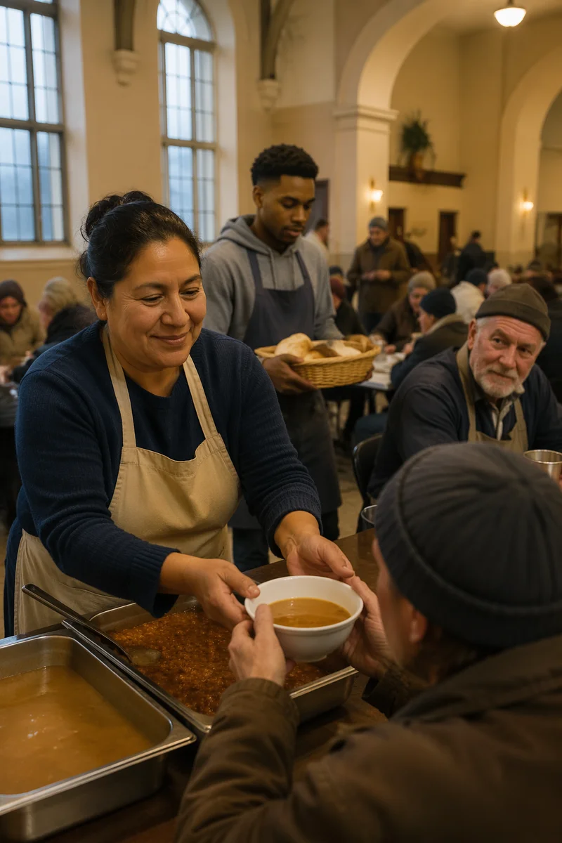 Volunteers Serving Meal in Community Shelter