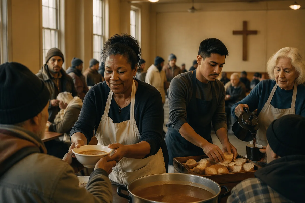 Volunteers Serving Warm Meal in Community Hall