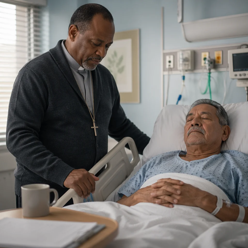 Hospital Chaplain Praying at Patient Bedside