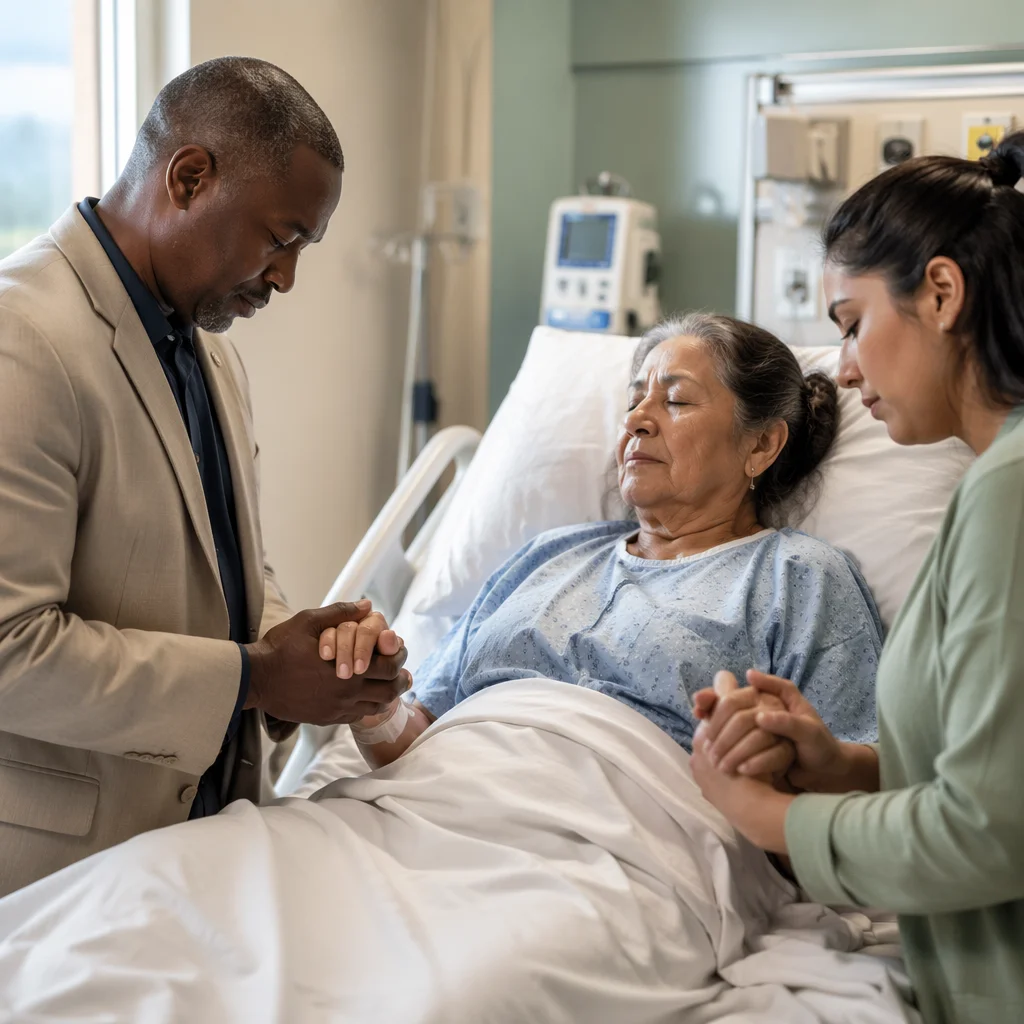 Hospital Chaplain Praying with Patient Family