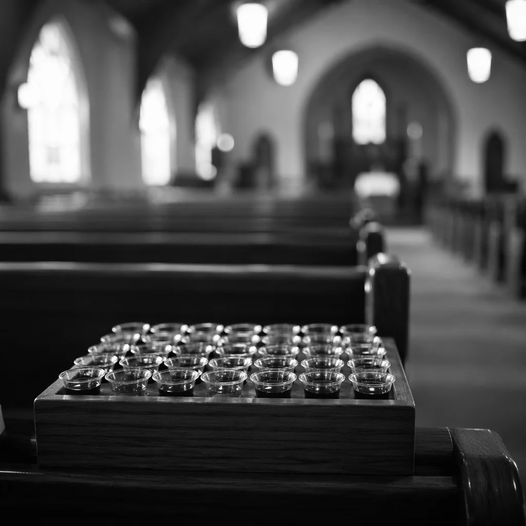 Individual Communion Cups on Church Pew