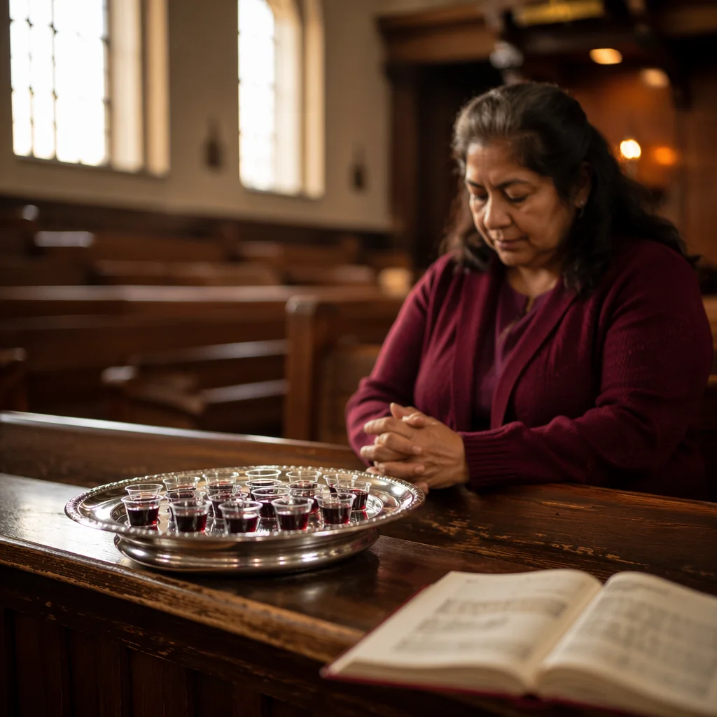 Individual Communion Cups on Church Pew