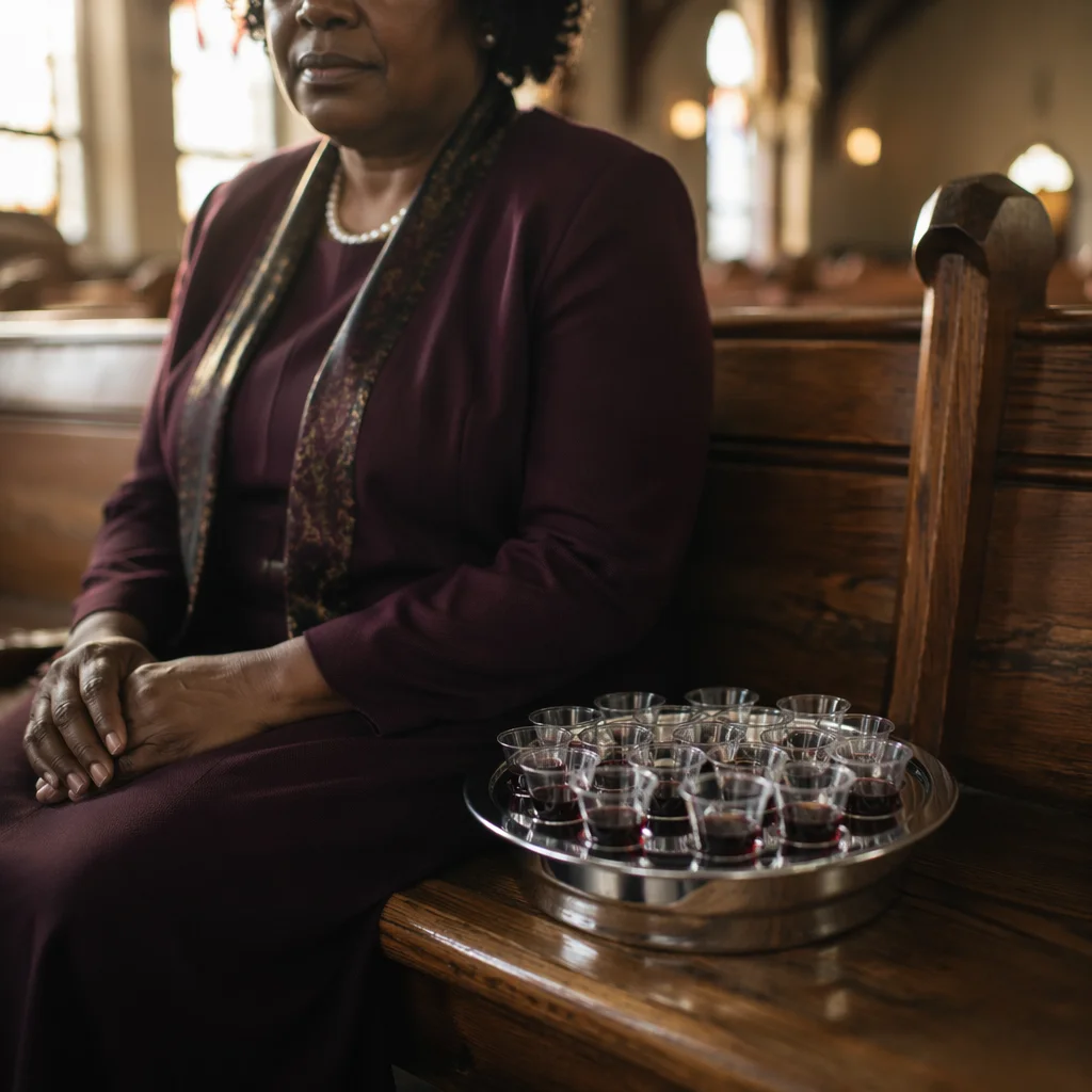 Individual Communion Cups on Church Pew