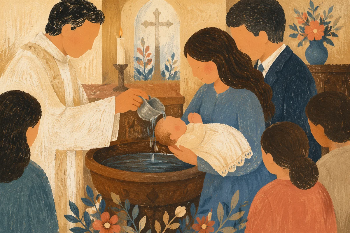 Infant Baptism With Water Pouring in Church