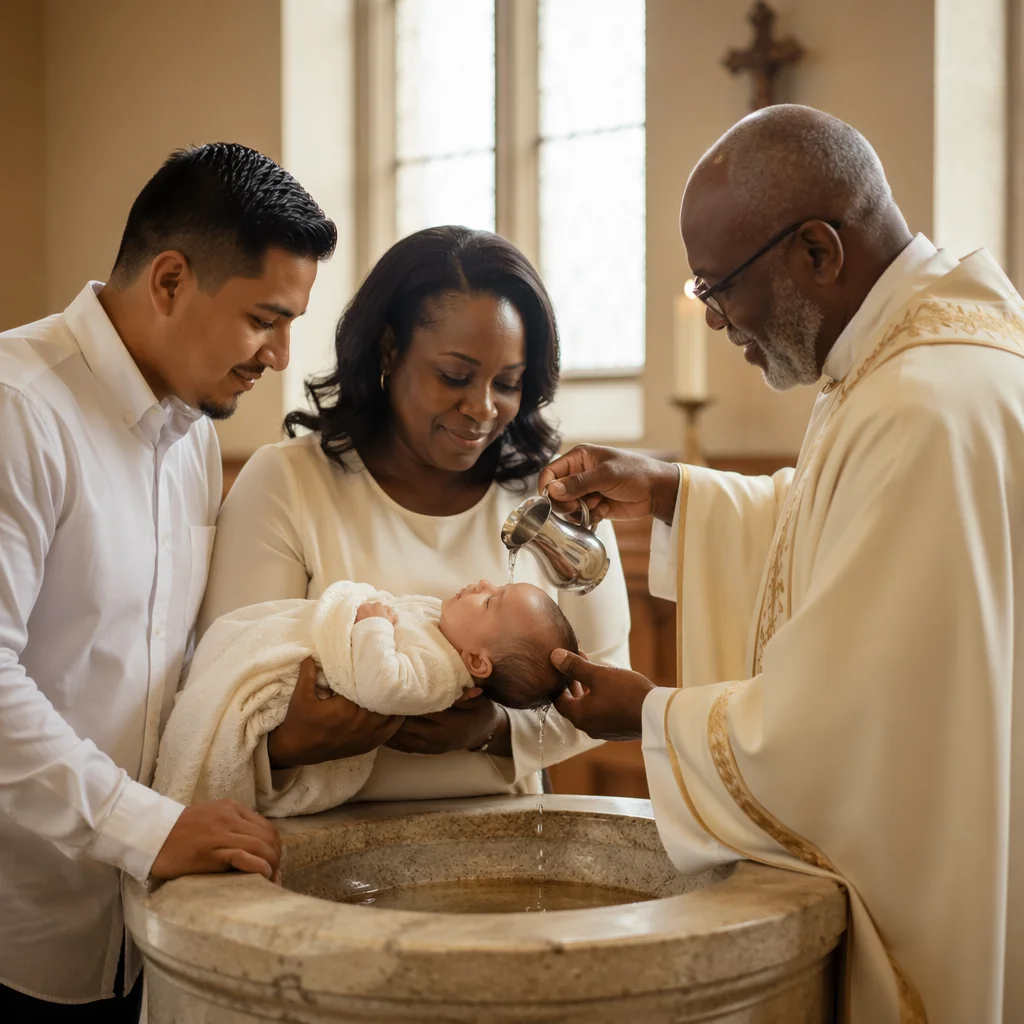 Infant Baptism with Family by Stone Font