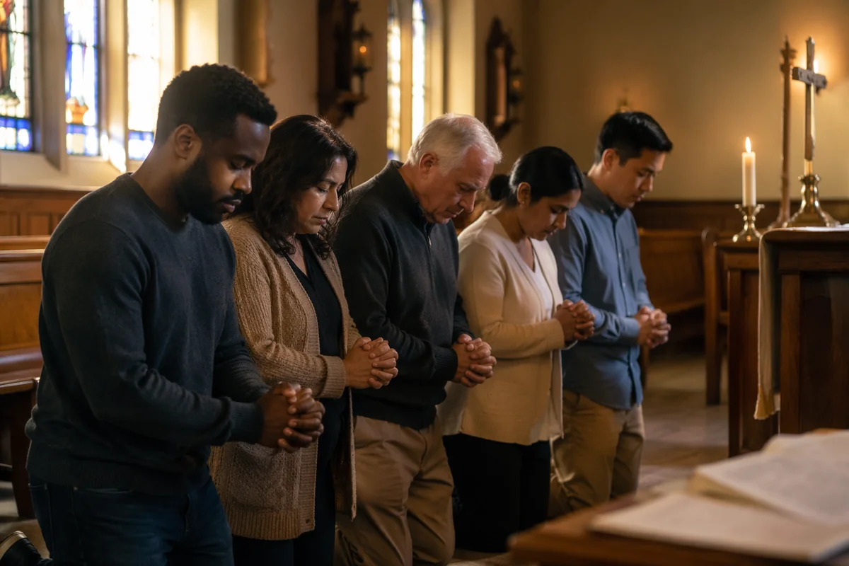 Five Adults Kneeling in Church Prayer