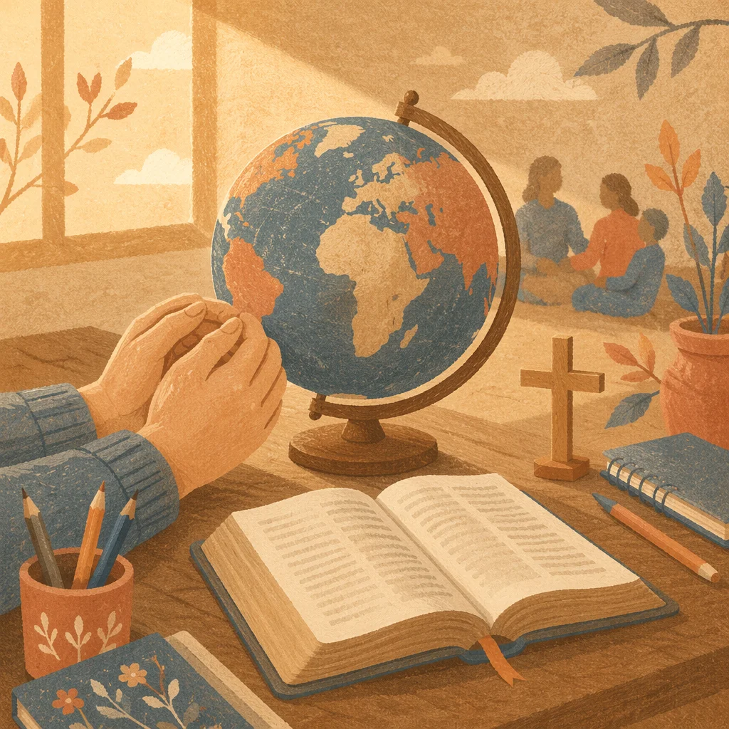 Praying Hands Over Missions Globe and Bible