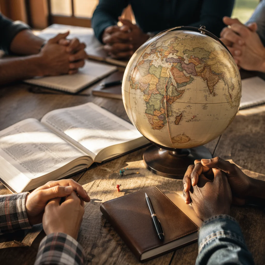 International Missions Prayer Table with Globe and Bible
