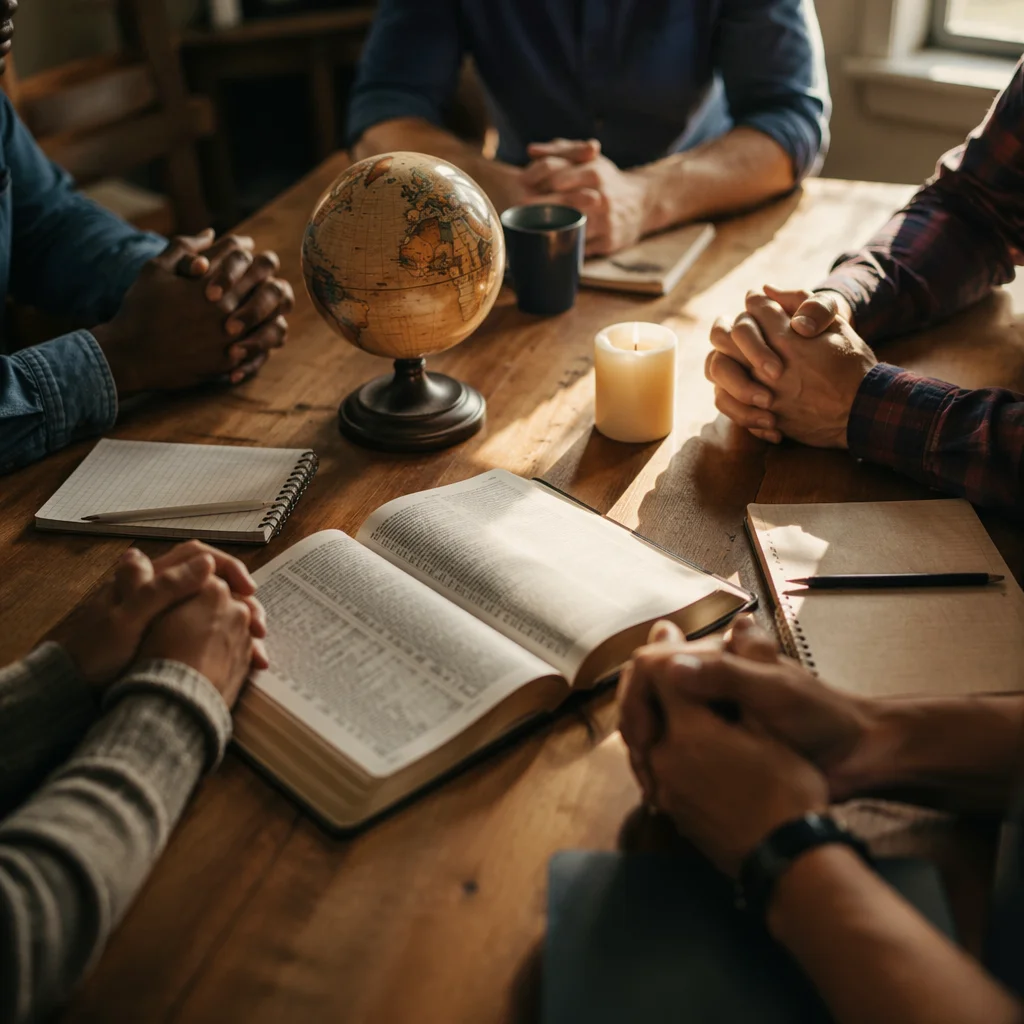 Praying Hands Around Globe and Bible