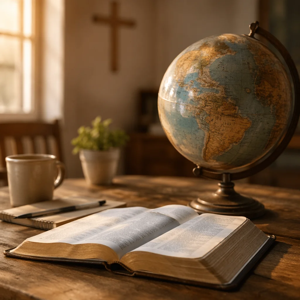 Open Bible and Vintage Globe on Table