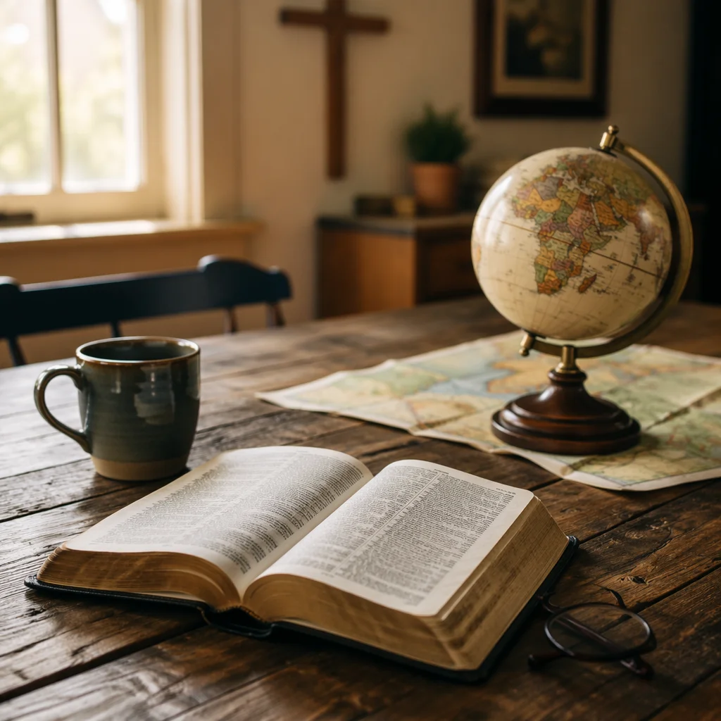 Open Bible and Globe on Wooden Table