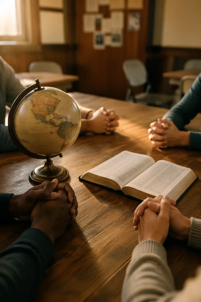 Praying Hands Around Globe and Bible