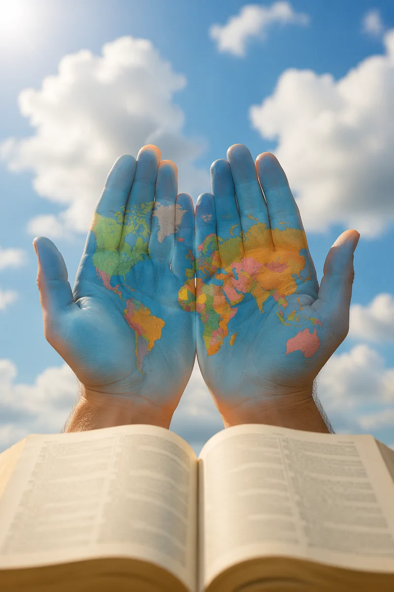 Open Hands Holding Missions Globe Above Bible