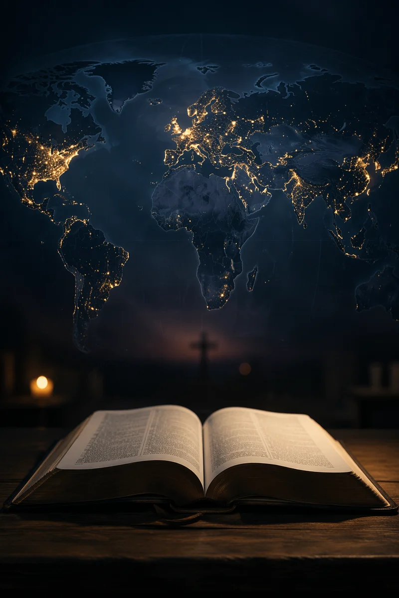Open Bible Beneath Global Mission Lights