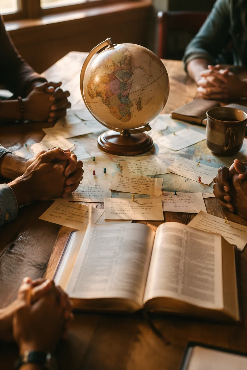 International Missions Prayer Table with Globe and Bible