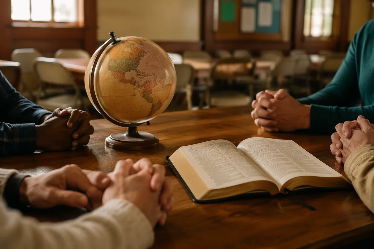 Praying Hands with Globe and Open Bible