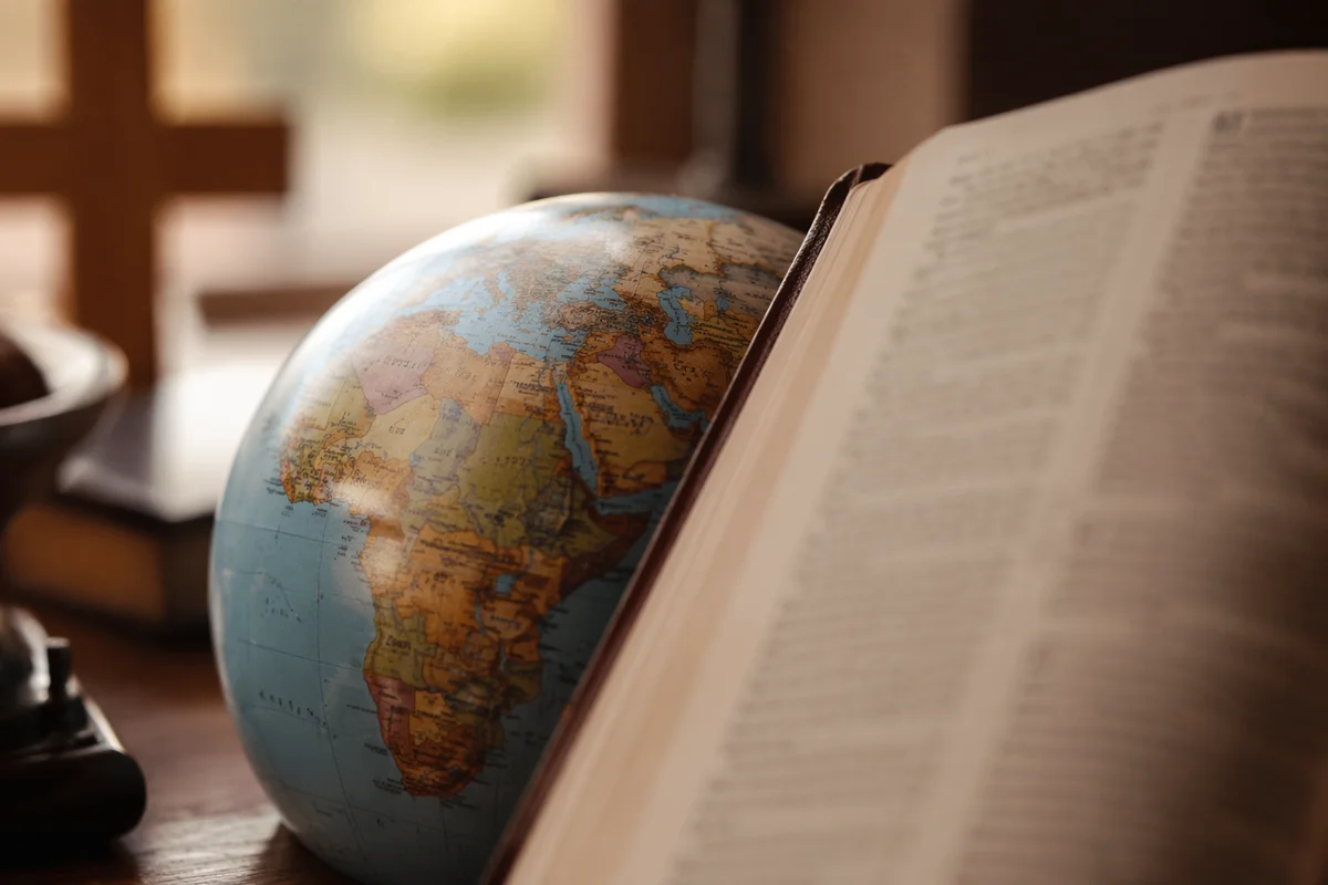 International Missions Globe Beside Open Bible